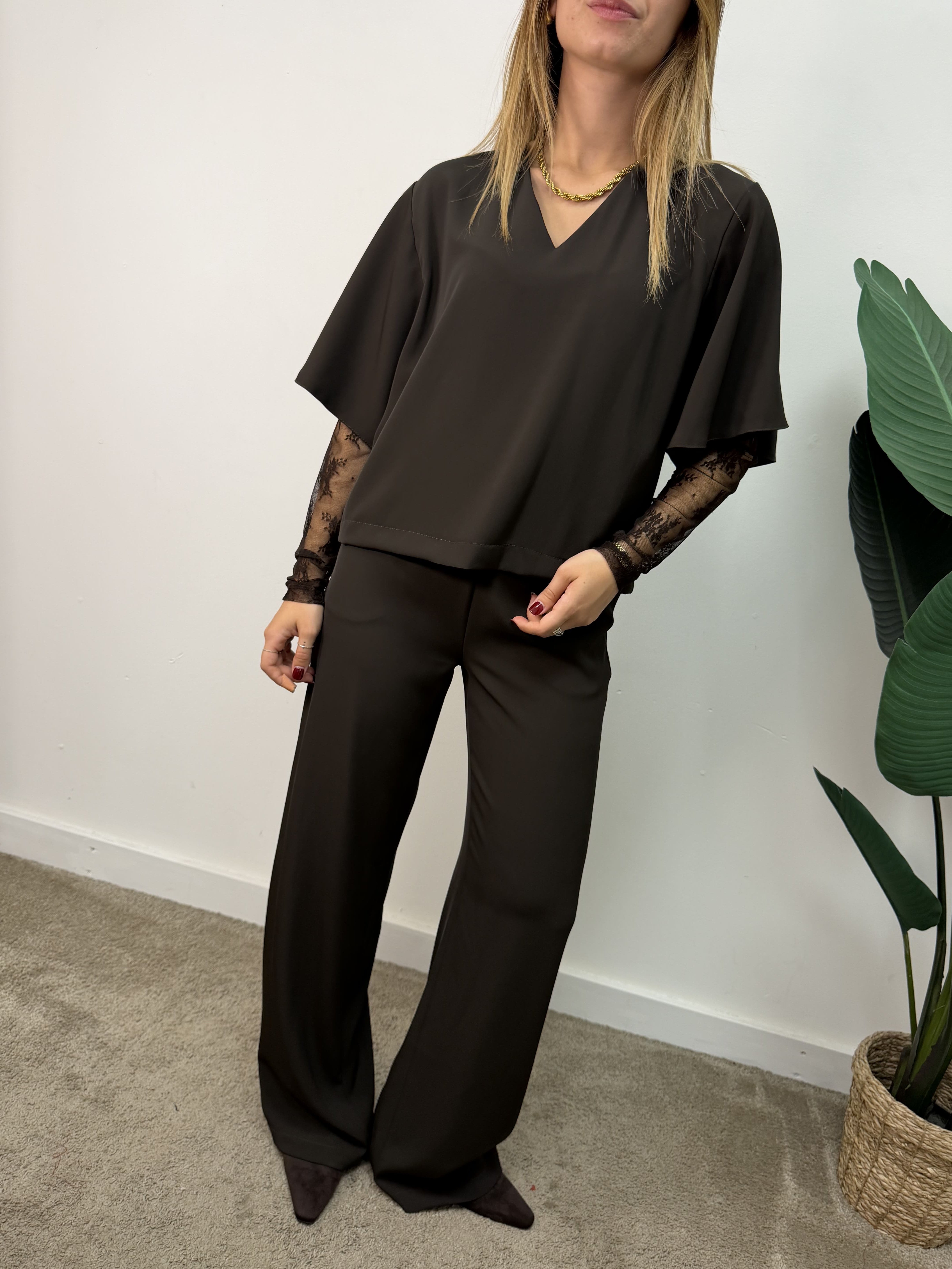 Coord-set maglia manica pizzo+pantalone fluido Susy Mix