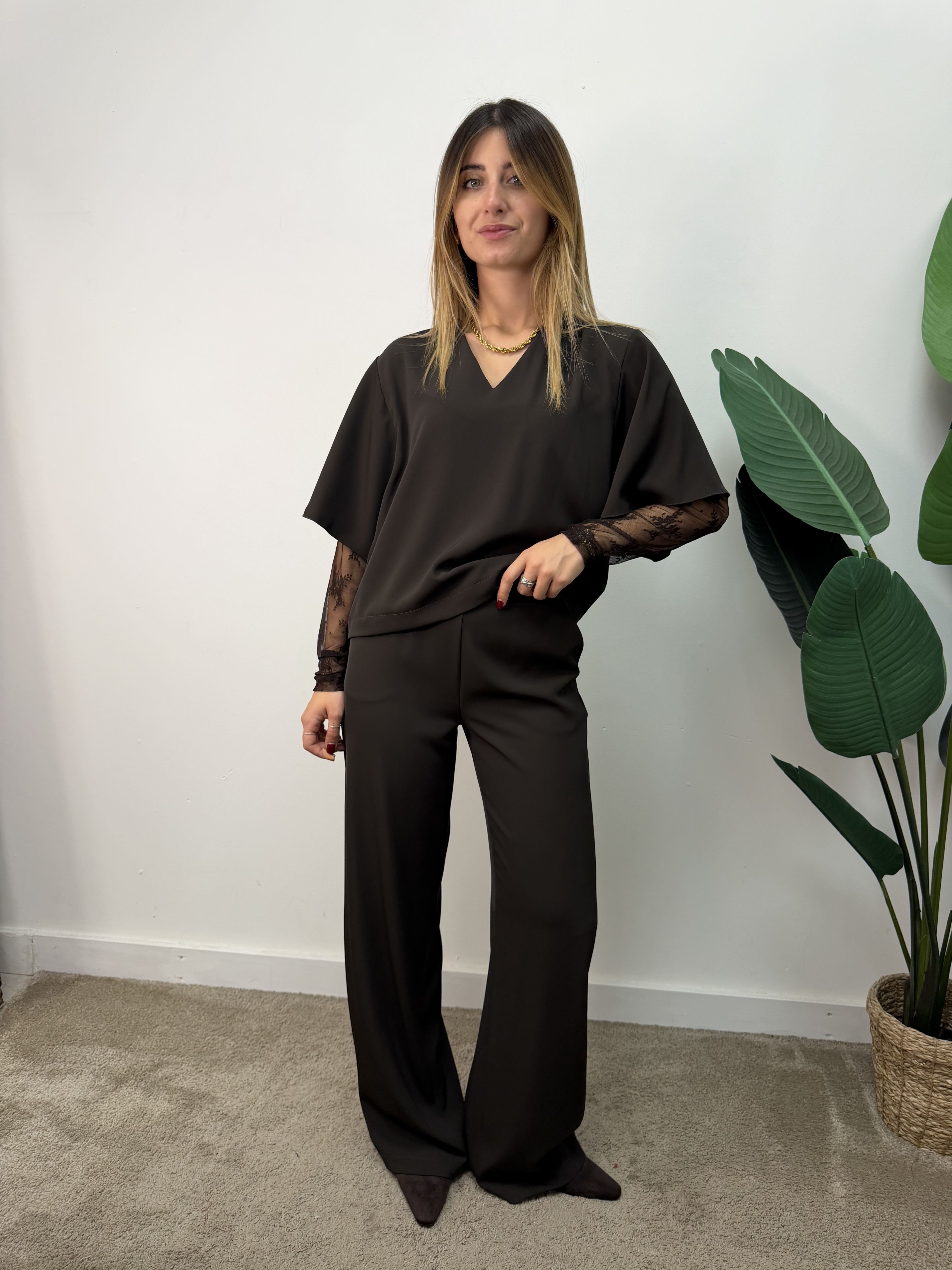 Coord-set maglia manica pizzo+pantalone fluido Susy Mix