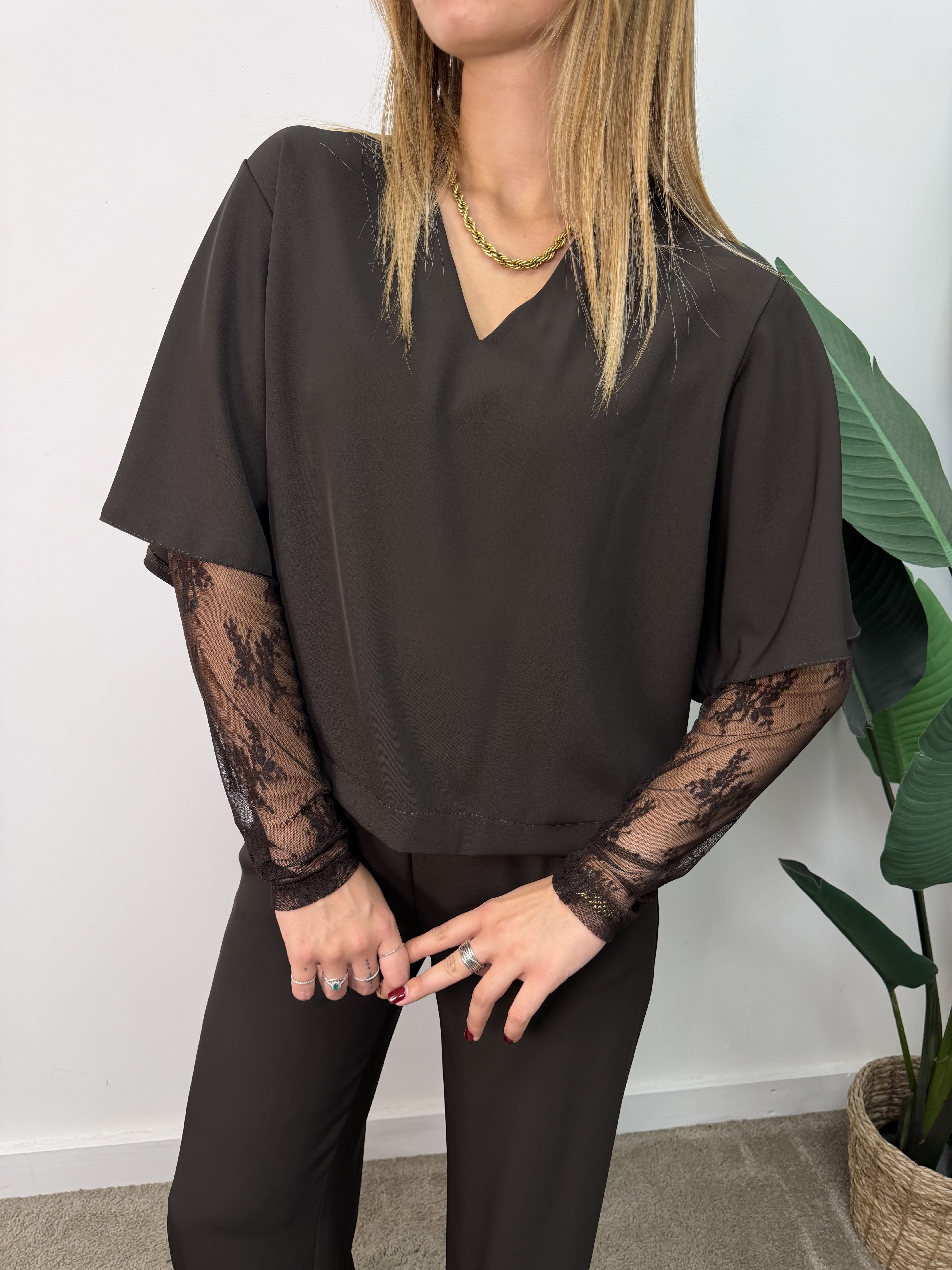 Coord-set maglia manica pizzo+pantalone fluido Susy Mix