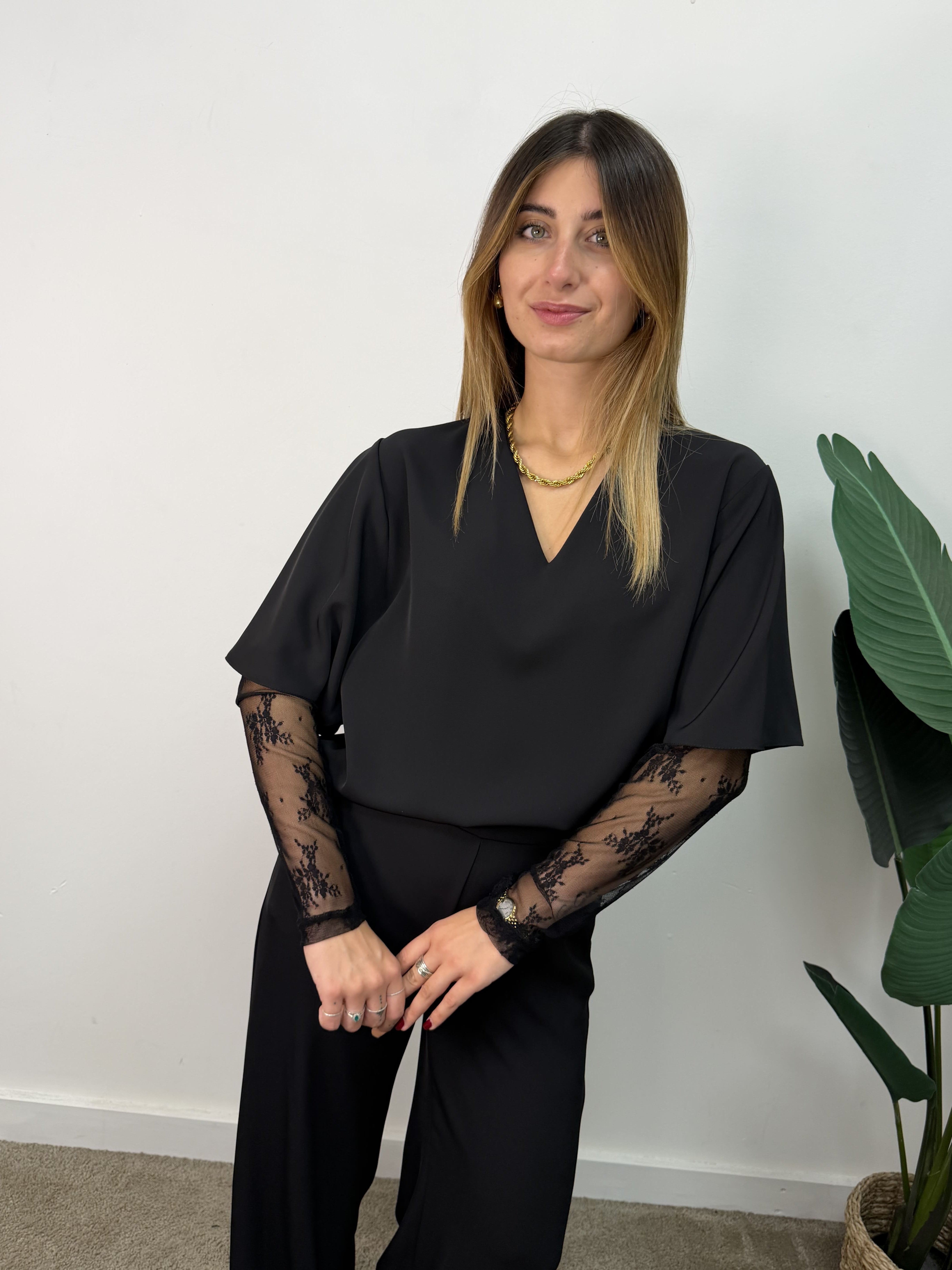 Coord-set maglia manica pizzo+pantalone fluido Susy Mix