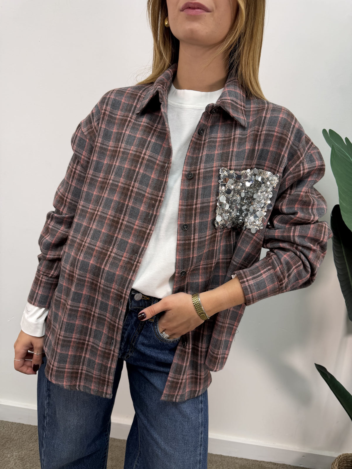 Camicia check flanella rosa con taschino paillettes Tensione In