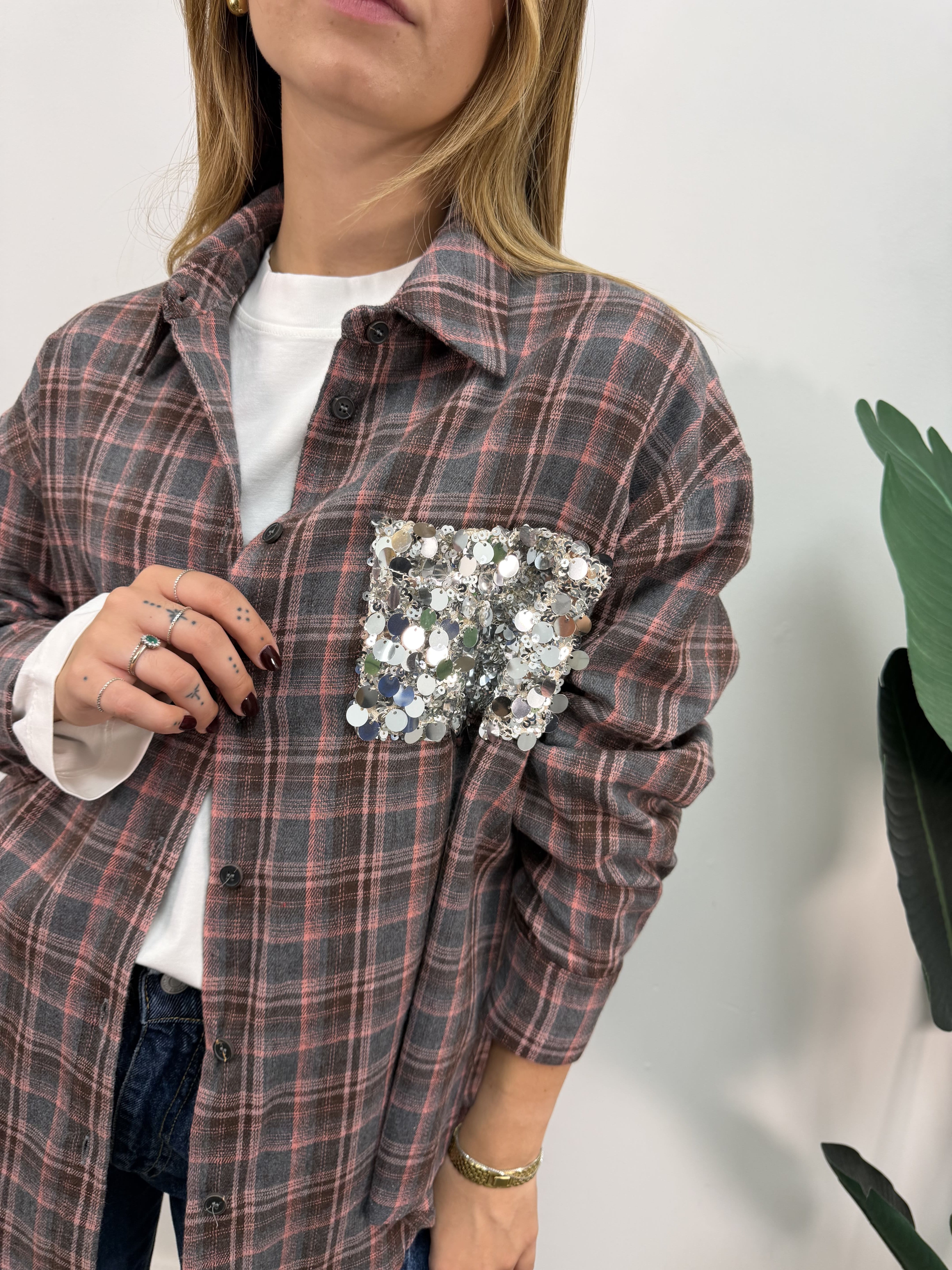 Camicia check flanella rosa con taschino paillettes Tensione In