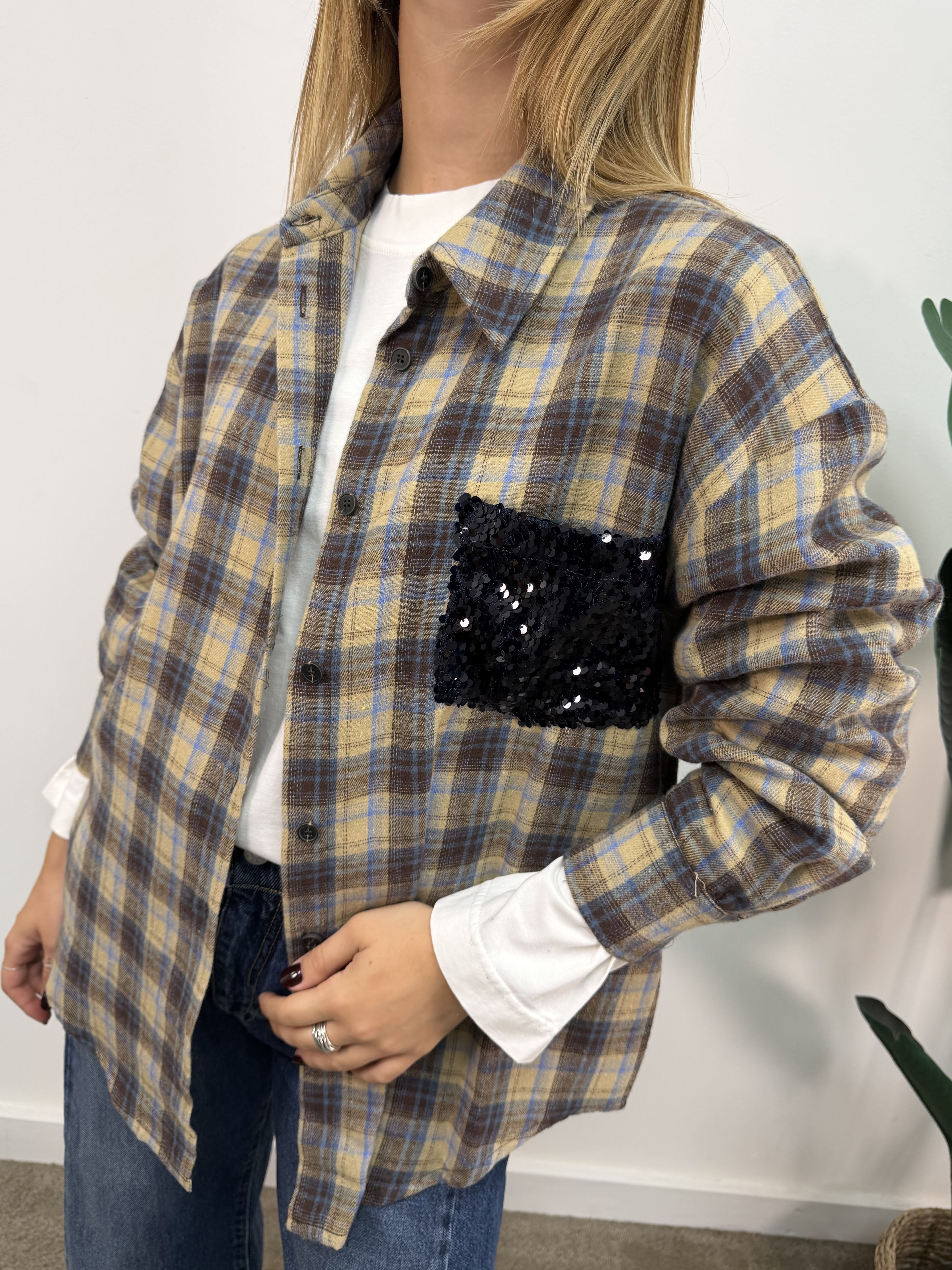 Camicia check flanella beige con taschino paillettes Tensione In