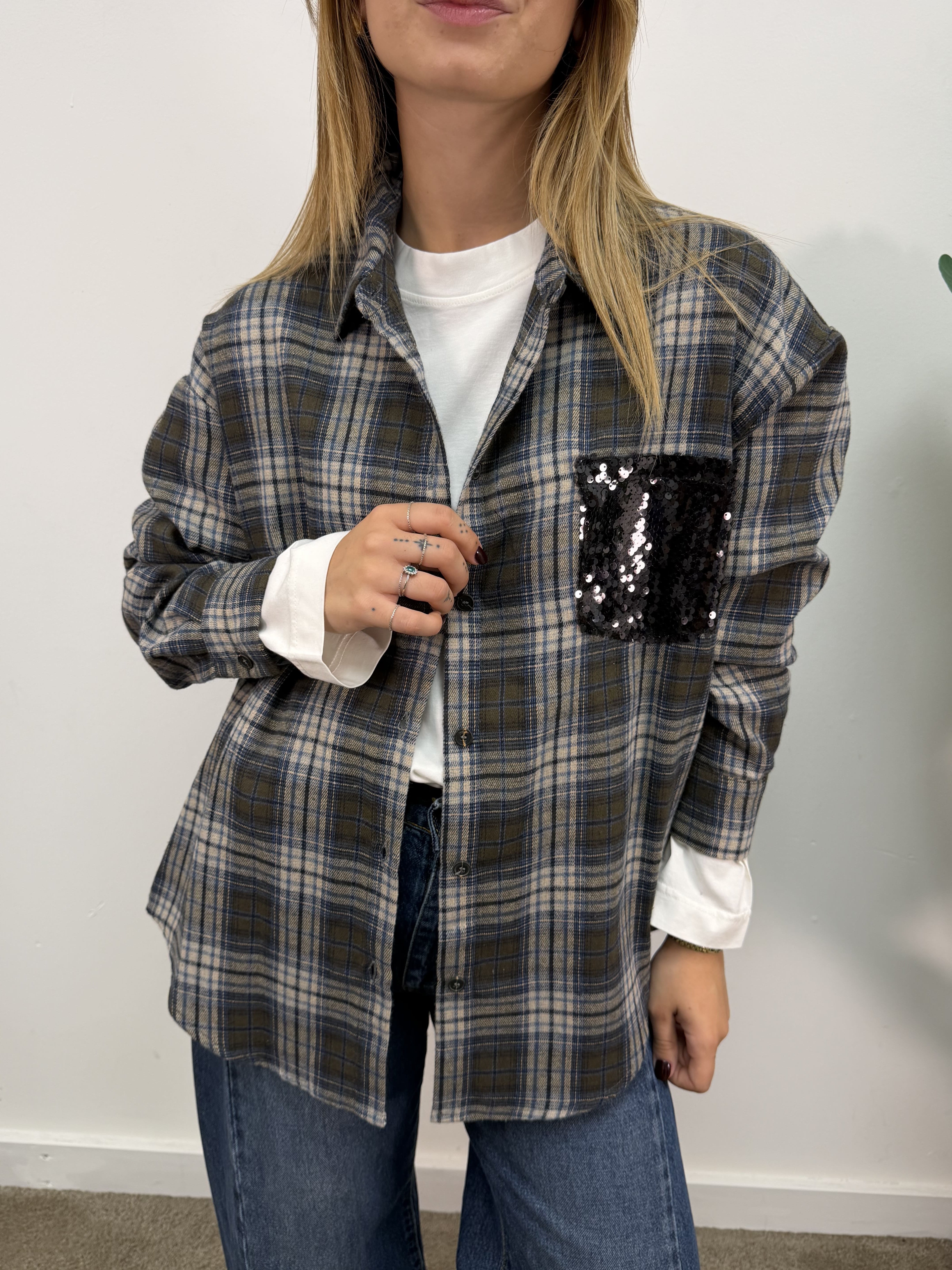 Camicia check flanella blu con taschino paillettes Tensione In