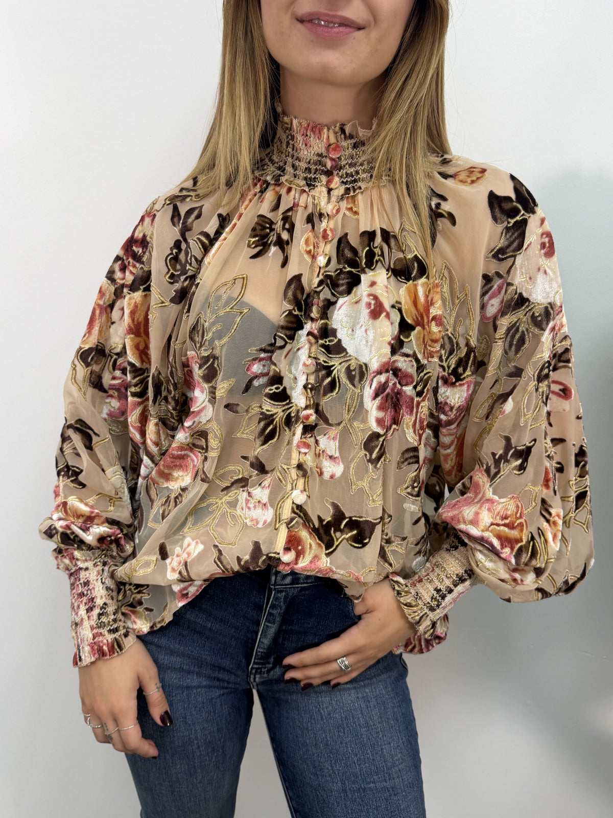 Blusa in tulle floccato multicolor Amosa