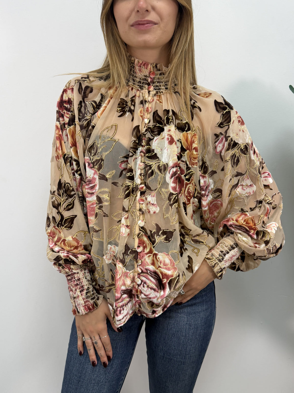 Blusa in tulle floccato multicolor Amosa