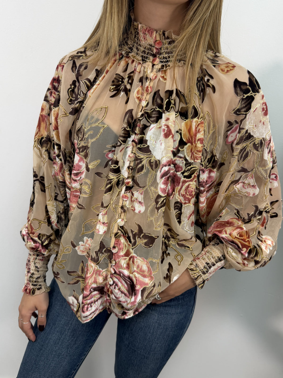 Blusa in tulle floccato multicolor Amosa