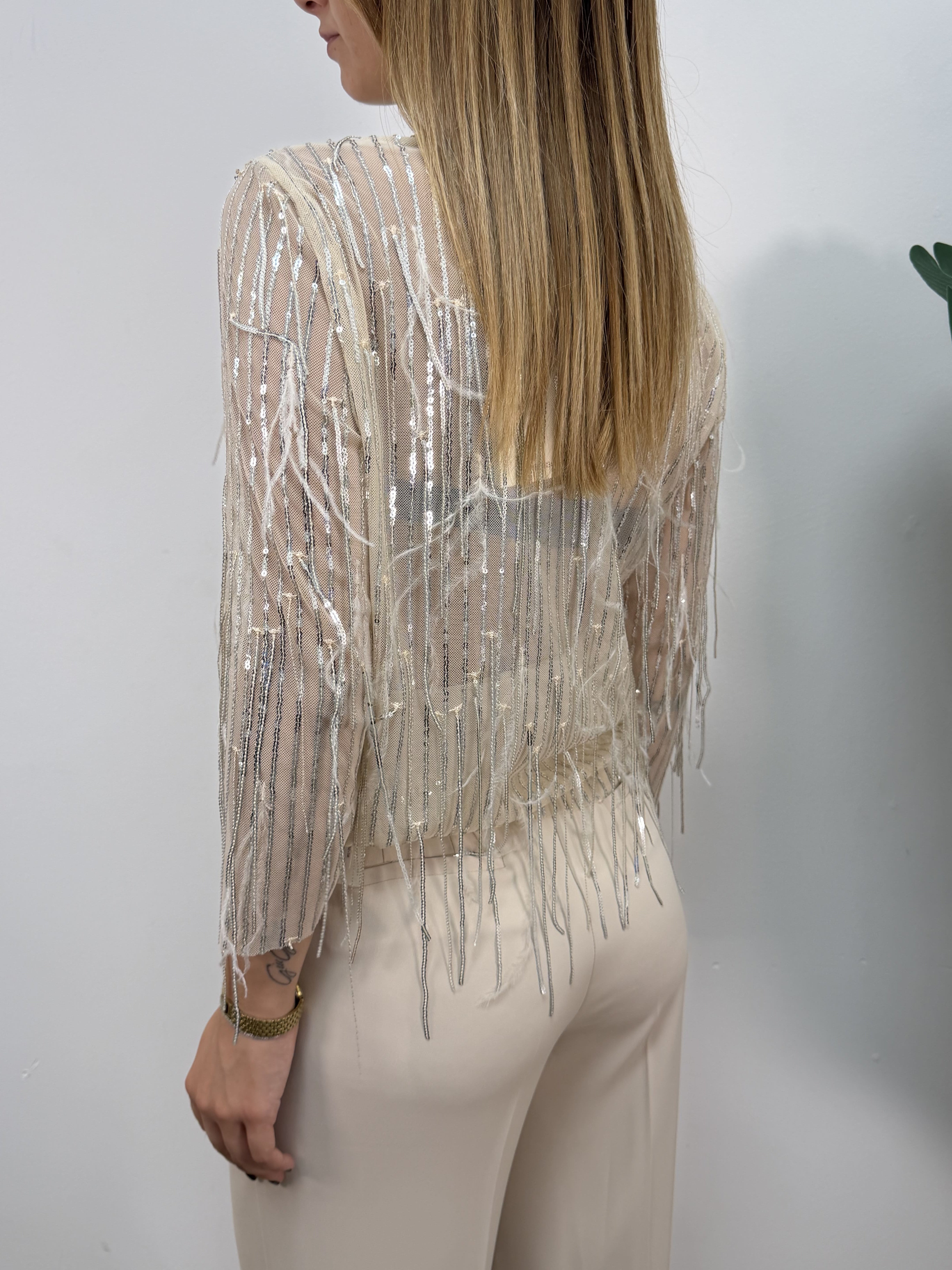 Blusa piume e paillettes argento Tensione In
