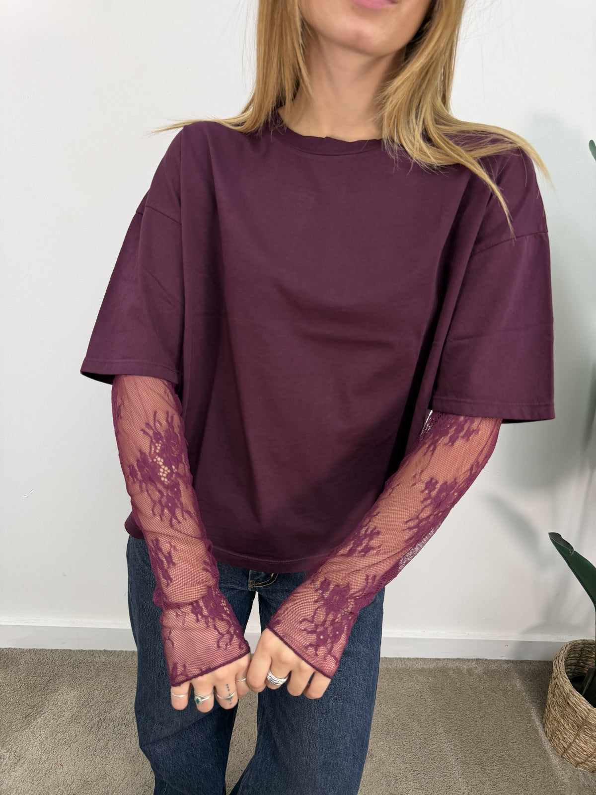 T-shirt girocollo mezza manica con inserto pizzo Susy Mix