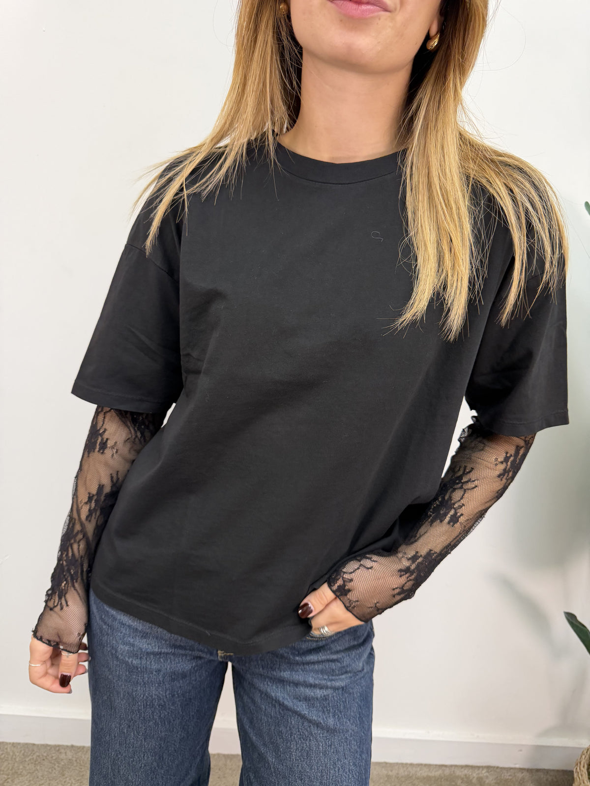 T-shirt girocollo mezza manica con inserto pizzo Susy Mix