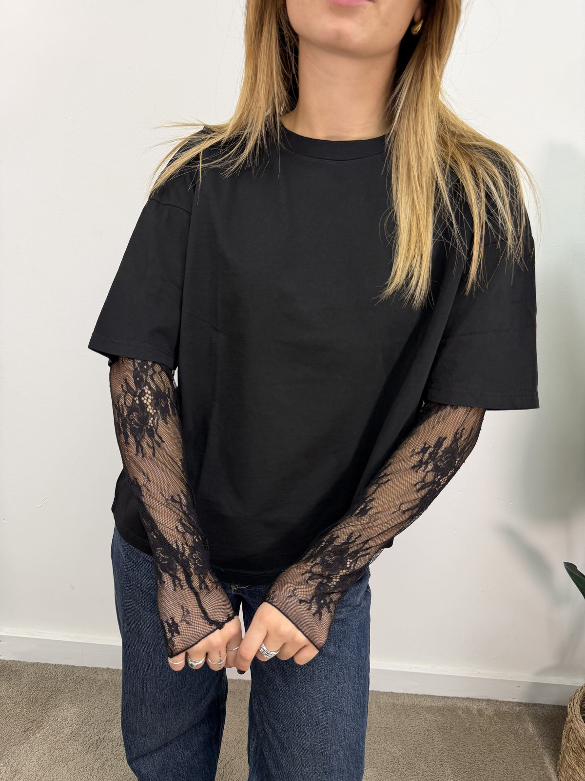 T-shirt girocollo mezza manica con inserto pizzo Susy Mix