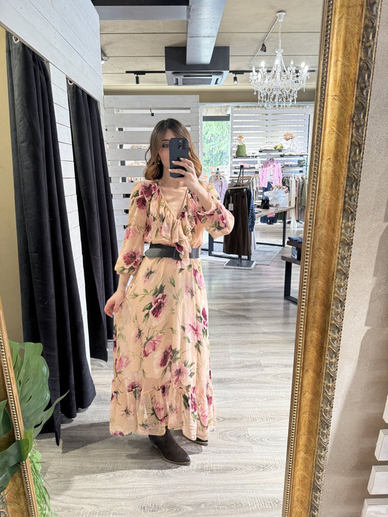 Abito lungo con balze e rouches stampa acquerello Dixie - GiuGiò | Shop online