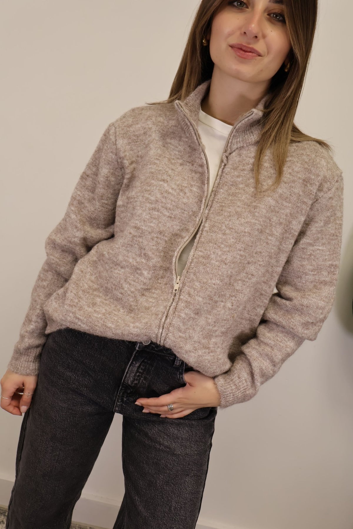 Cardigan collo cratere full zip beige MyD - GiuGiò | Shop online