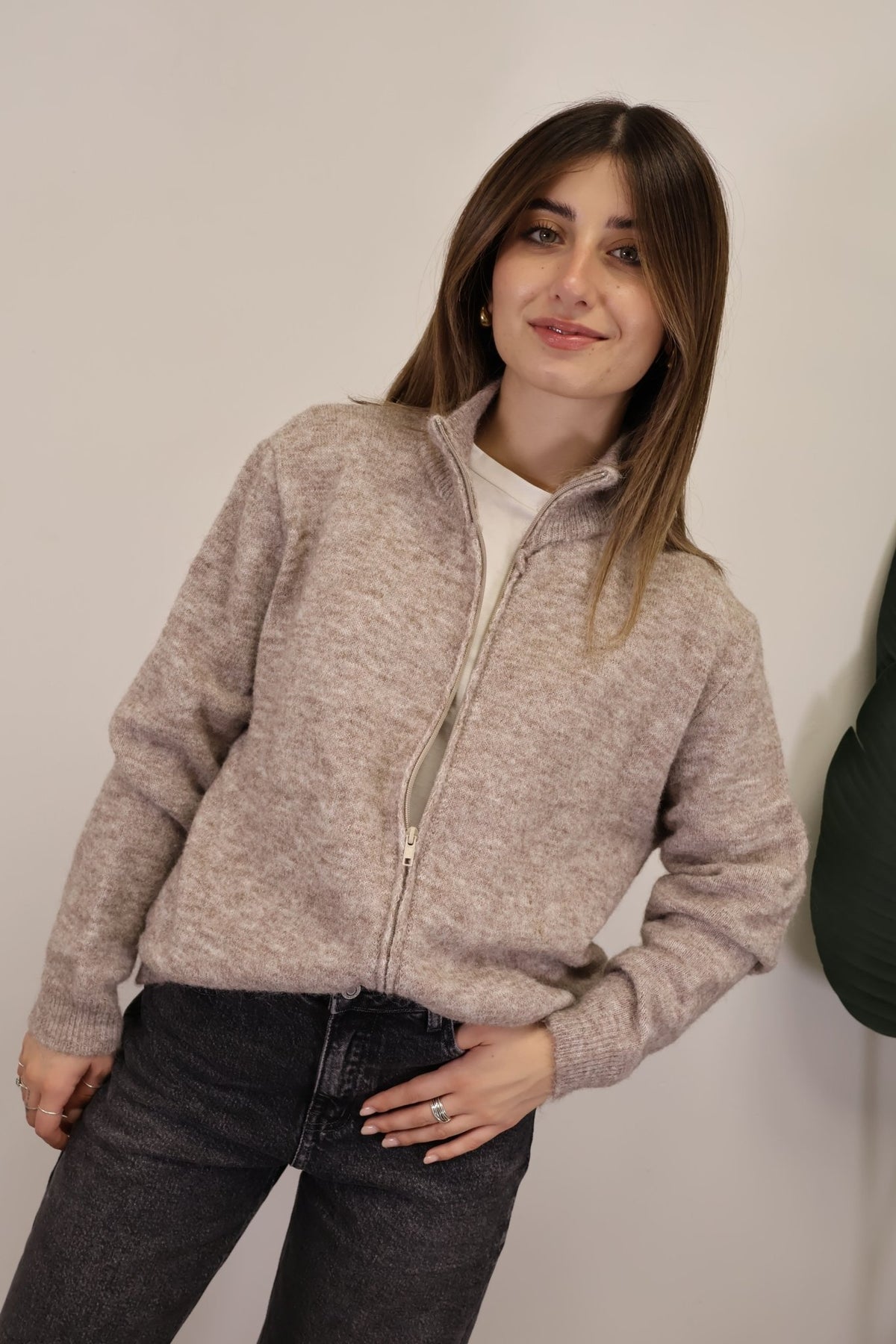 Cardigan collo cratere full zip beige MyD - GiuGiò | Shop online