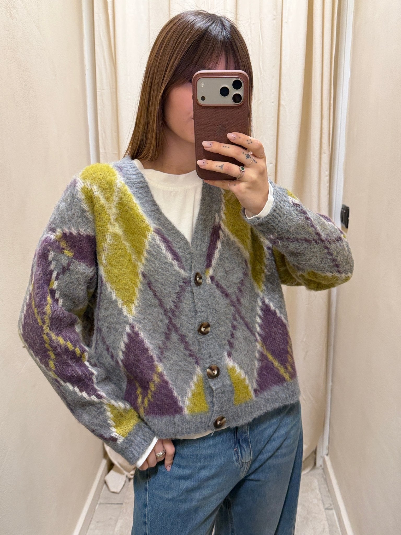 Cardigan jacquard a rombi scollo V Susy Mix - GiuGiò | Shop online