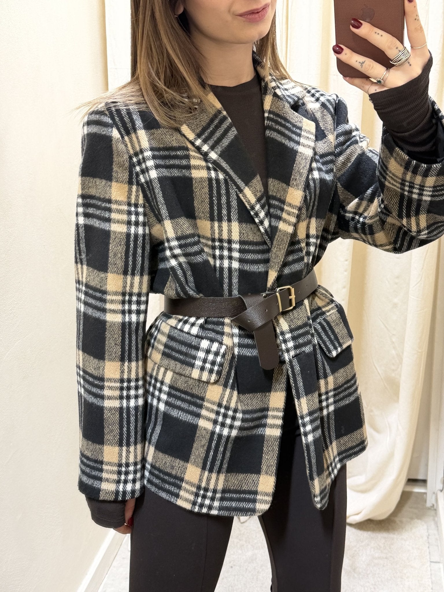 Giacca check misto lana con cintura Susy Mix - GiuGiò | Shop online