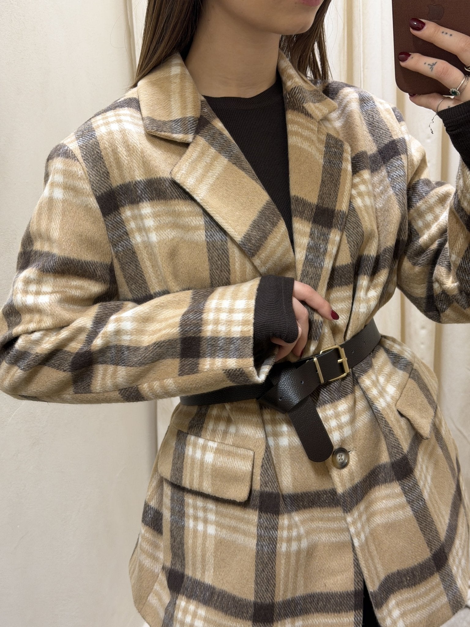 Giacca check misto lana con cintura Susy Mix - GiuGiò | Shop online