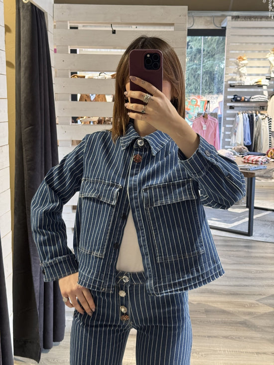 Giacca crop denim gessato con bottoni gioiello Please - GiuGiò | Shop online