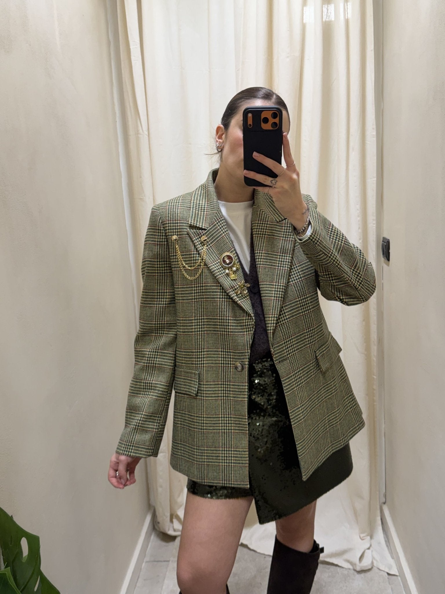 Giacca monopetto micro pied - de - poule con spille Susy Mix - GiuGiò | Shop online