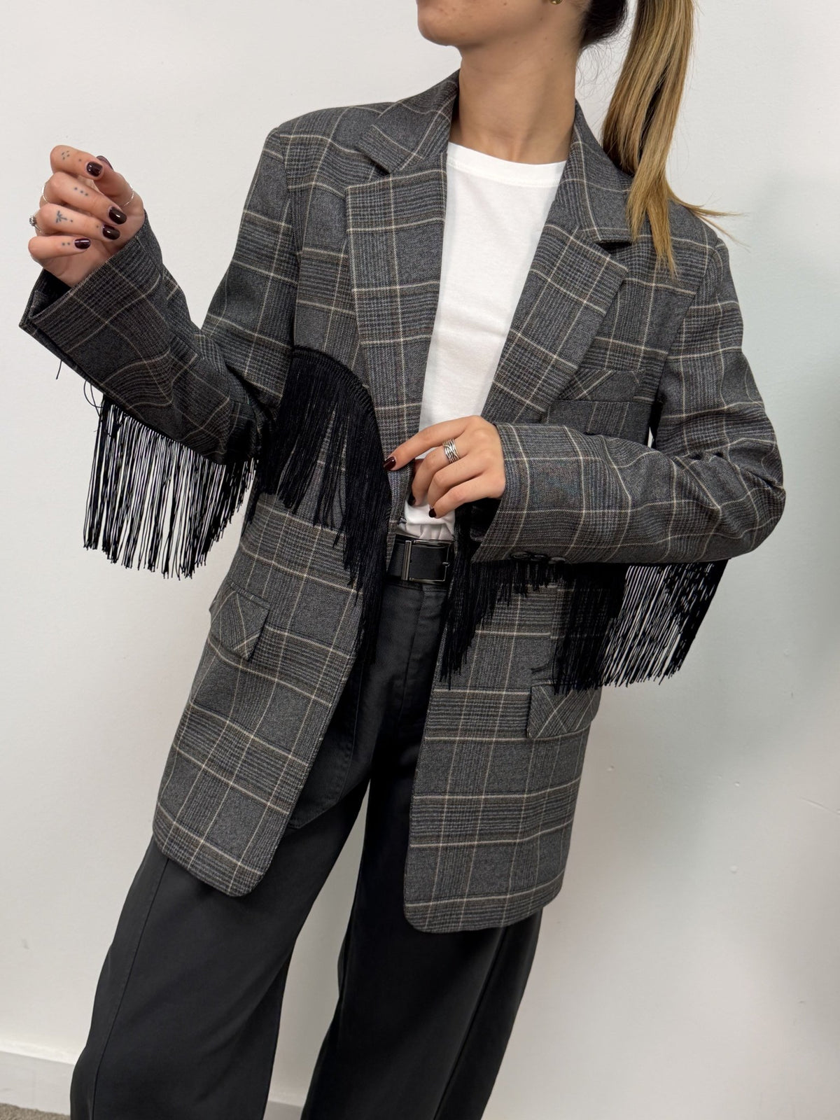 Giacca over principe di Galles con frange Vicolo - GiuGiò | Shop online