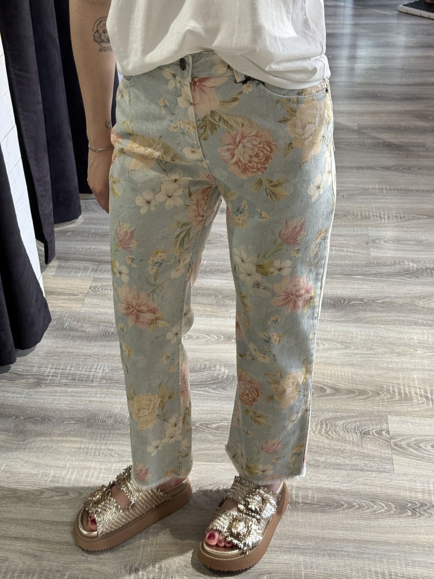 Jeans gamba dritta stampa floreale orlo sfrangiato Tensione In - GiuGiò | Shop online