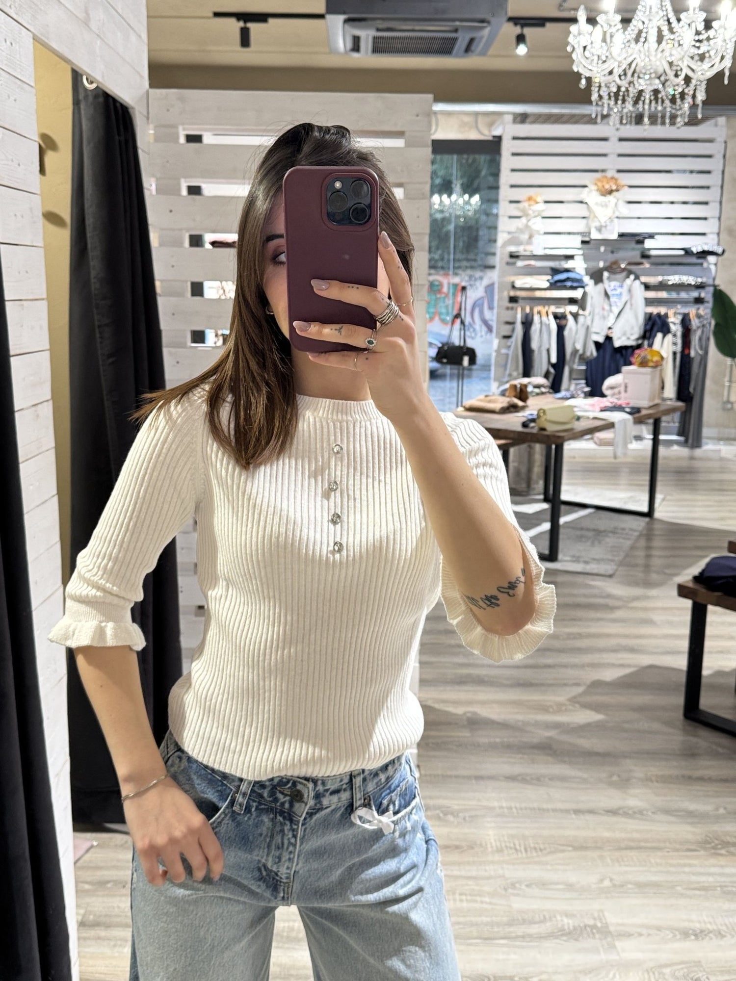 Maglia girocollo costina con bottoncini gioiello HaveOne - GiuGiò | Shop online