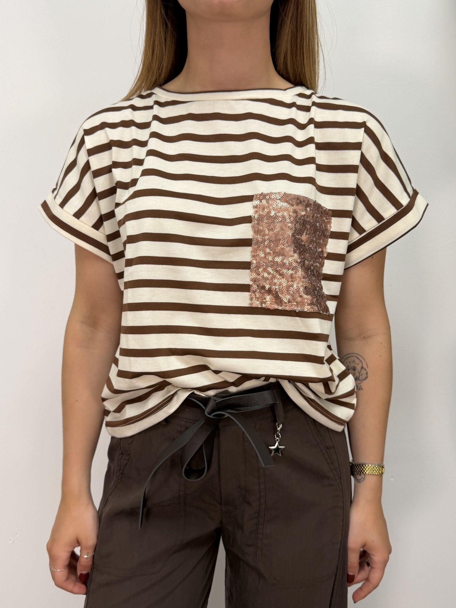 T-shirt a righe con taschino paillettes Susy Mix - GiuGiò | Shop online