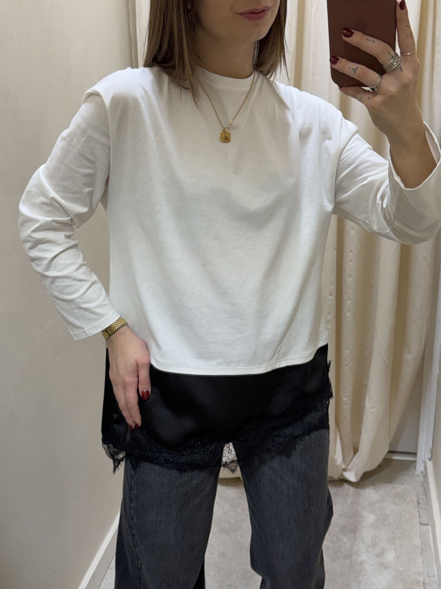 T-shirt in cotone con inserto asimmetrico in raso e pizzo Tensione In - GiuGiò | Shop online